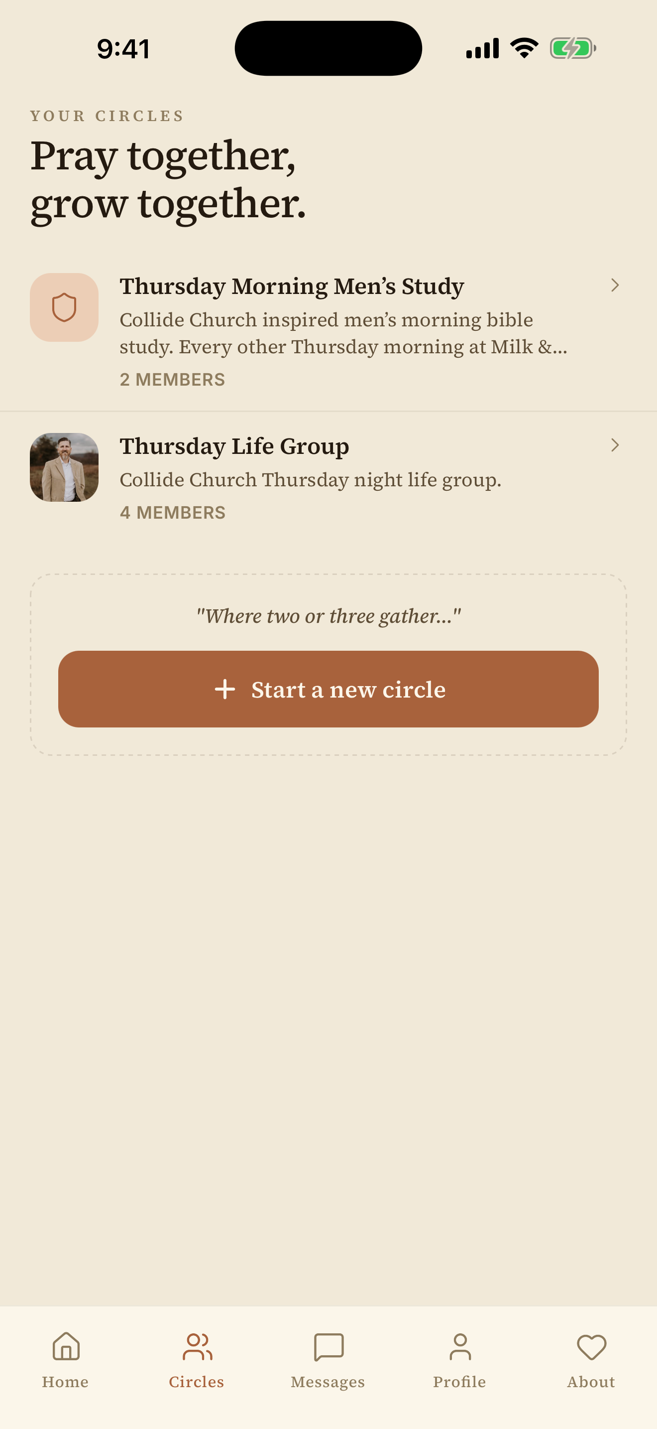 Horizon Faith’s prayer circles screen, with groups and an option to start a new circle.